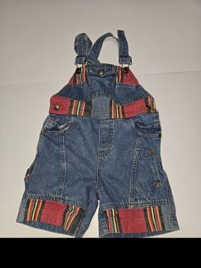 Vintage Kids Denim Short Overalls with Red Stripe Accents